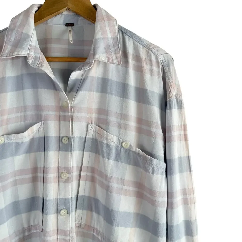 Free People Loveland Plaid Button Down Shirt Top White Pastel Pink Blue, Size XS